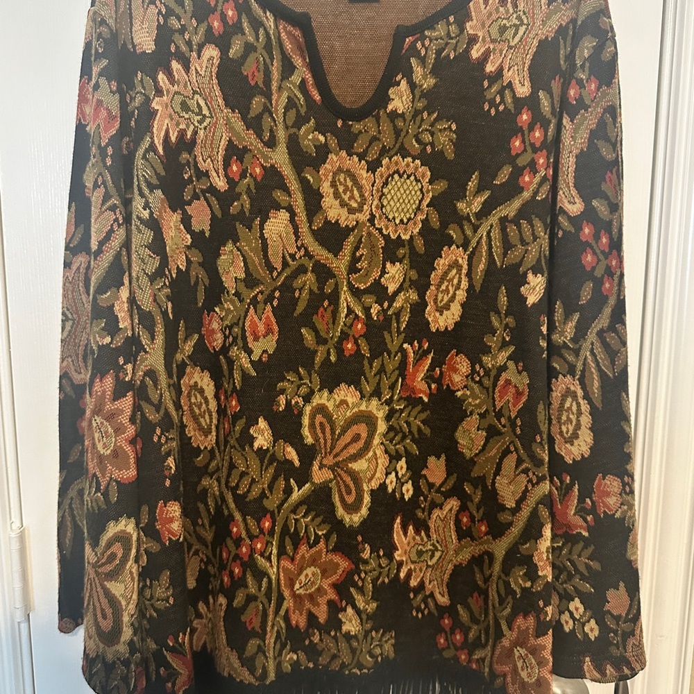 Nina Leonard Black Floral Knit Cardigan with Rust and Olive Accents